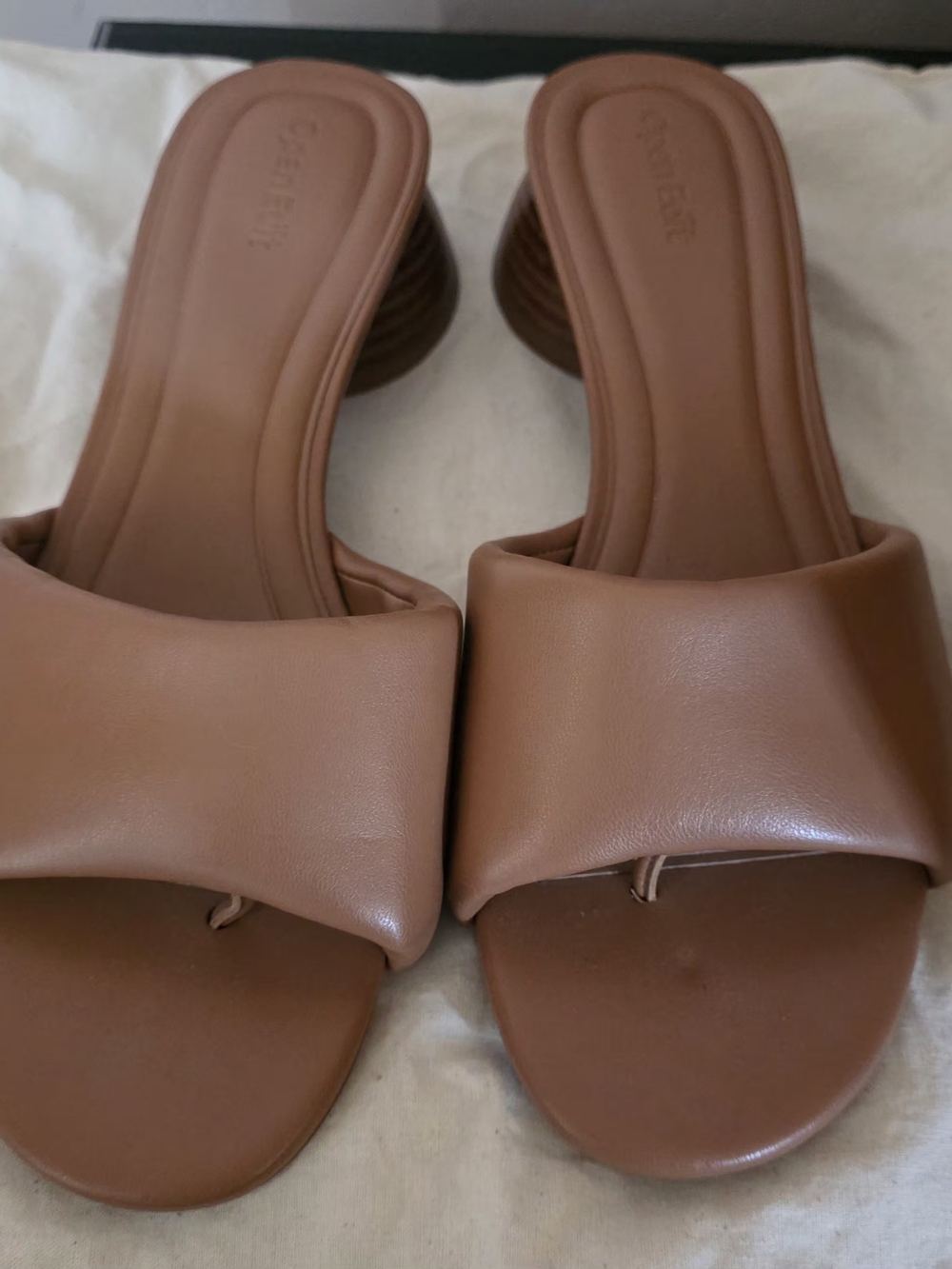Chunky Heel Slide Sandals in Brown By Open Edit
